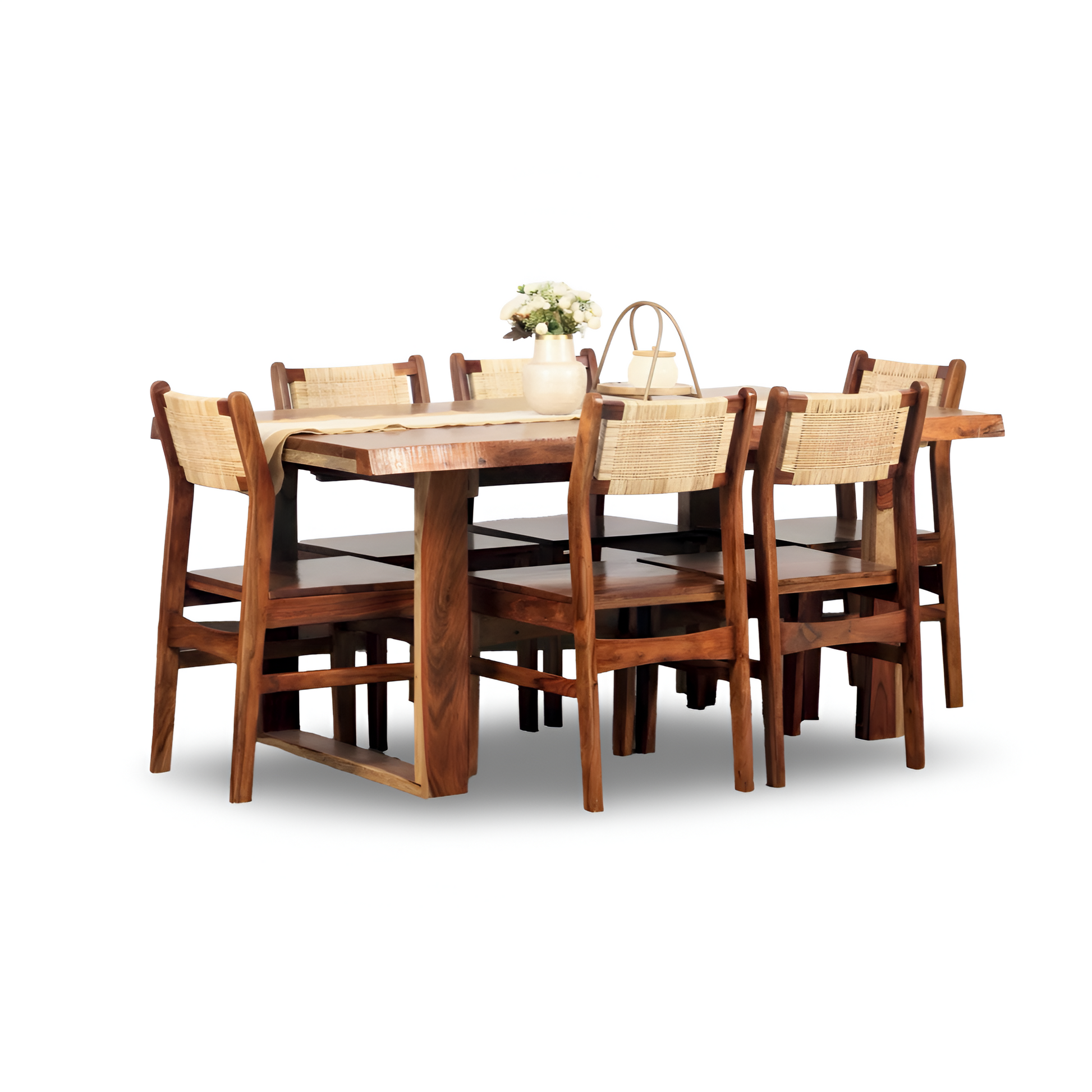 Discover the Nester live edge dining table with rattan chairs, made with sheesham wood. Buy our modern six-seater live edge dining set near you in Bangalore