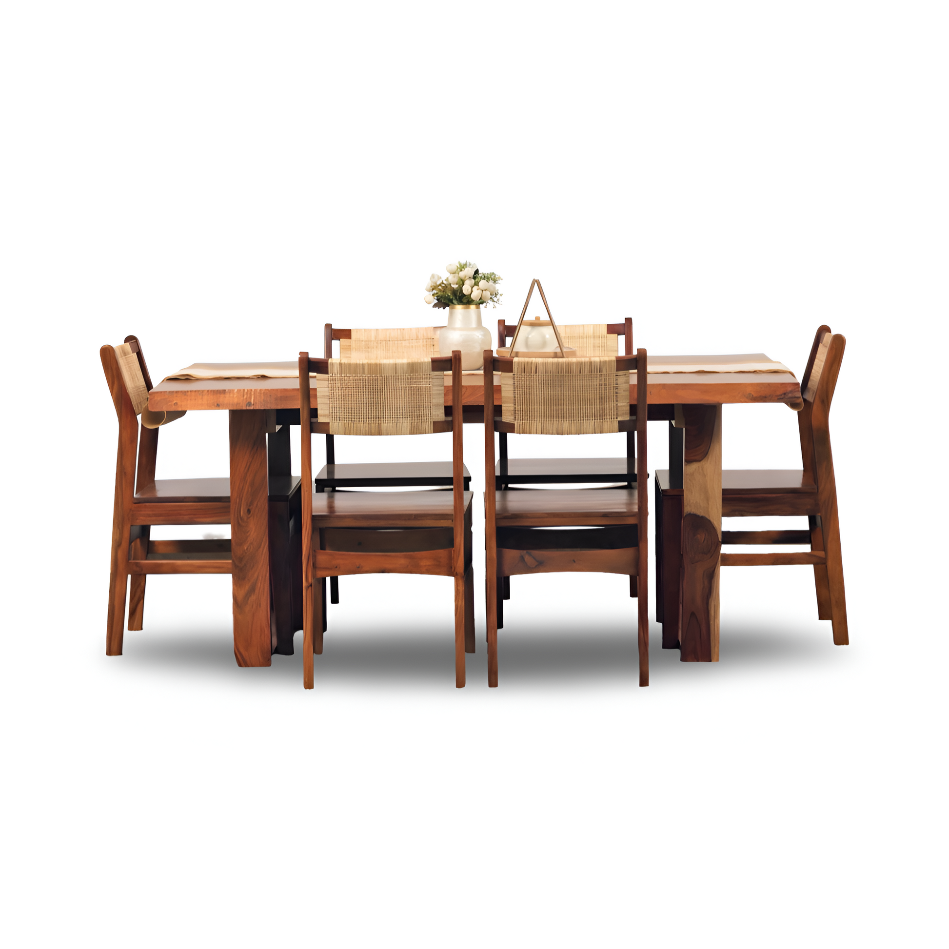 Discover the Nester live edge dining table with rattan chairs, made with sheesham wood. Buy our modern six-seater live edge dining set near you in Bangalore