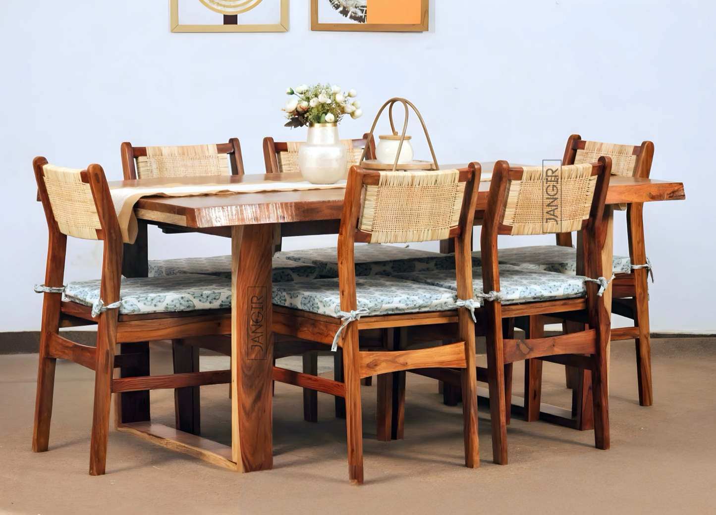 Discover the Nester live edge dining table with rattan chairs, made with sheesham wood. Buy our modern six-seater live edge dining set near you in Bangalore