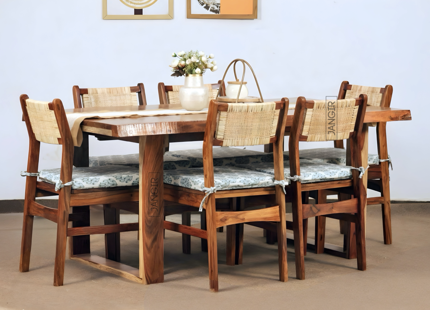 Discover the Nester live edge dining table with rattan chairs, made with sheesham wood. Buy our modern six-seater live edge dining set near you in Bangalore