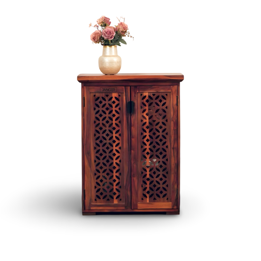 Elevate your home with our Aron Grills Solid Wood Cabinet, made with sheesham wood, perfect storage solution for foyer & living room. Shop near you in Bangalore