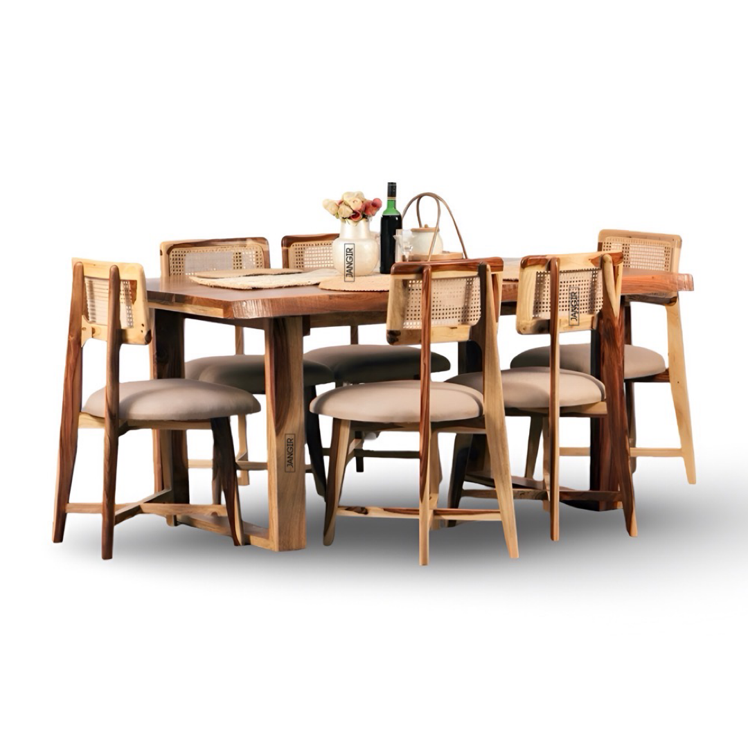 Elevate your dining experience with our sheesham wood live edge dining table paired with stylish and durable cane chairs. Buy near you in Bangalore today