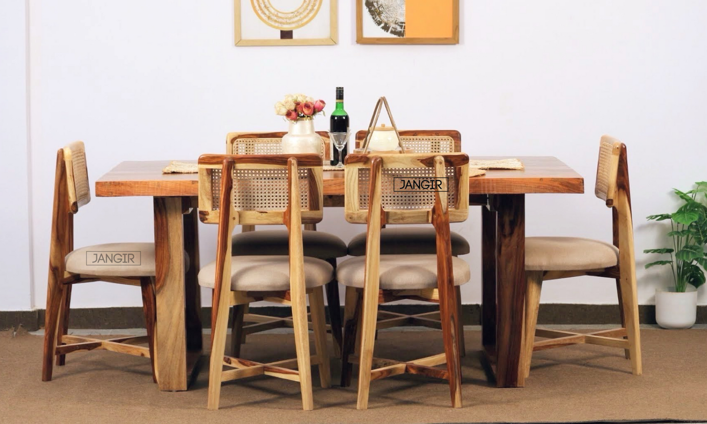 Elevate your dining experience with our sheesham wood live edge dining table paired with stylish and durable cane chairs. Buy near you in Bangalore today