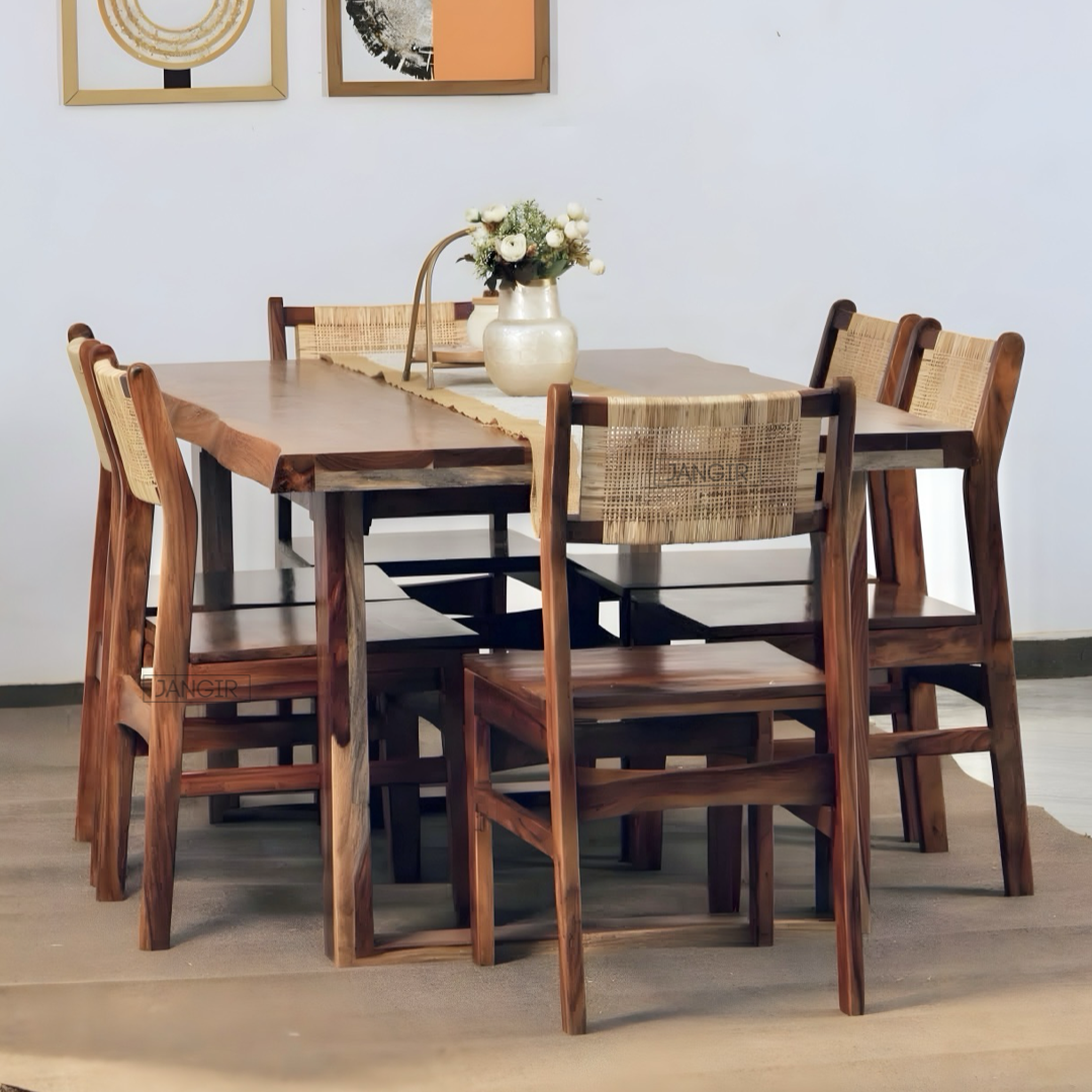 Discover the Nester live edge dining table with rattan chairs, made with sheesham wood. Buy our modern six-seater live edge dining set near you in Bangalore