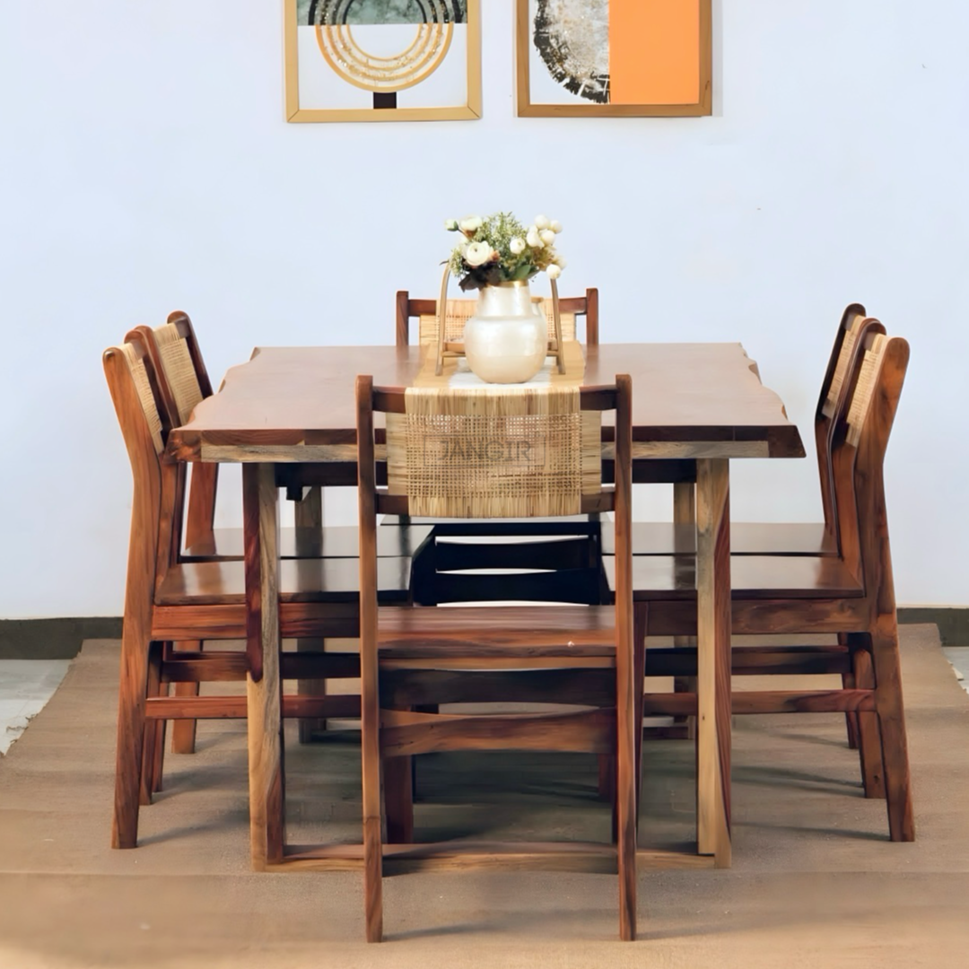 Discover the Nester live edge dining table with rattan chairs, made with sheesham wood. Buy our modern six-seater live edge dining set near you in Bangalore