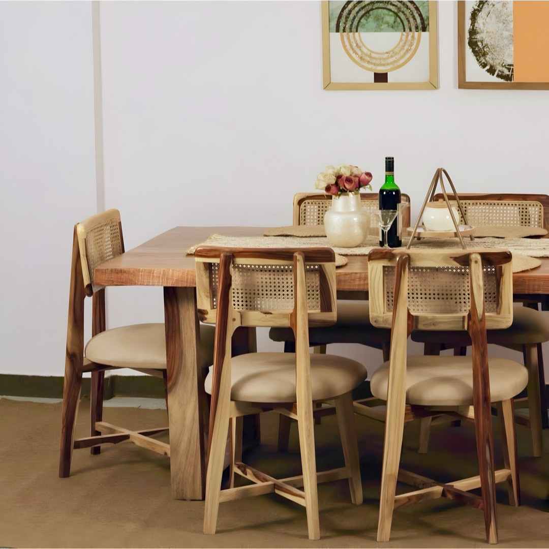 Elevate your dining experience with our sheesham wood live edge dining table paired with stylish and durable cane chairs. Buy near you in Bangalore today