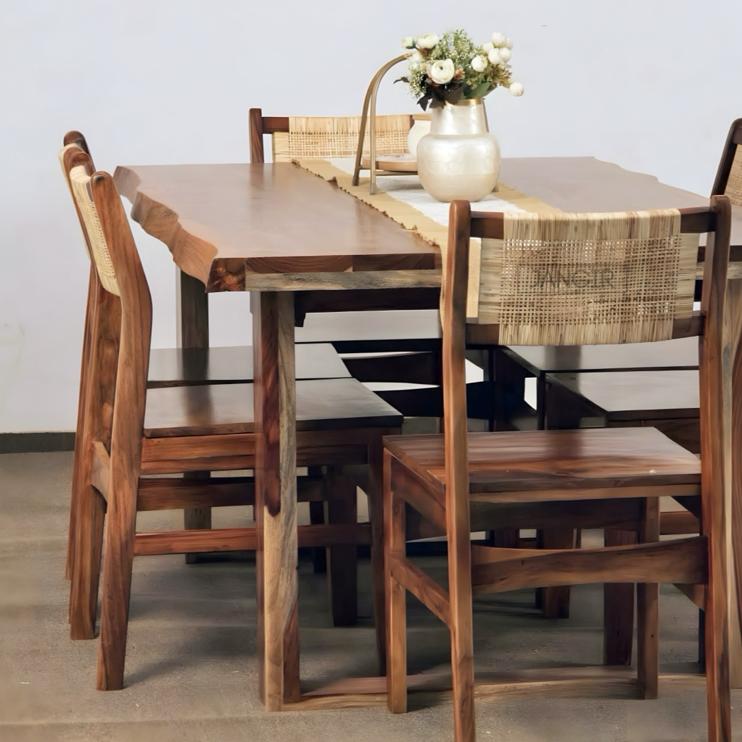 Discover the Nester live edge dining table with rattan chairs, made with sheesham wood. Buy our modern six-seater live edge dining set near you in Bangalore