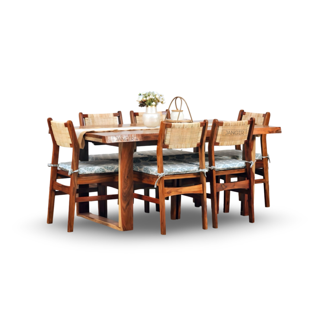 Discover the Nester live edge dining table with rattan chairs, made with sheesham wood. Buy our modern six-seater live edge dining set near you in Bangalore