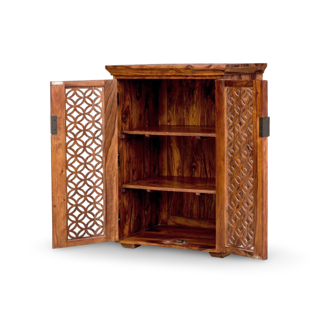 Elevate your home with our Aron Grills Solid Wood Cabinet, made with sheesham wood, perfect storage solution for foyer & living room. Shop near you in Bangalore