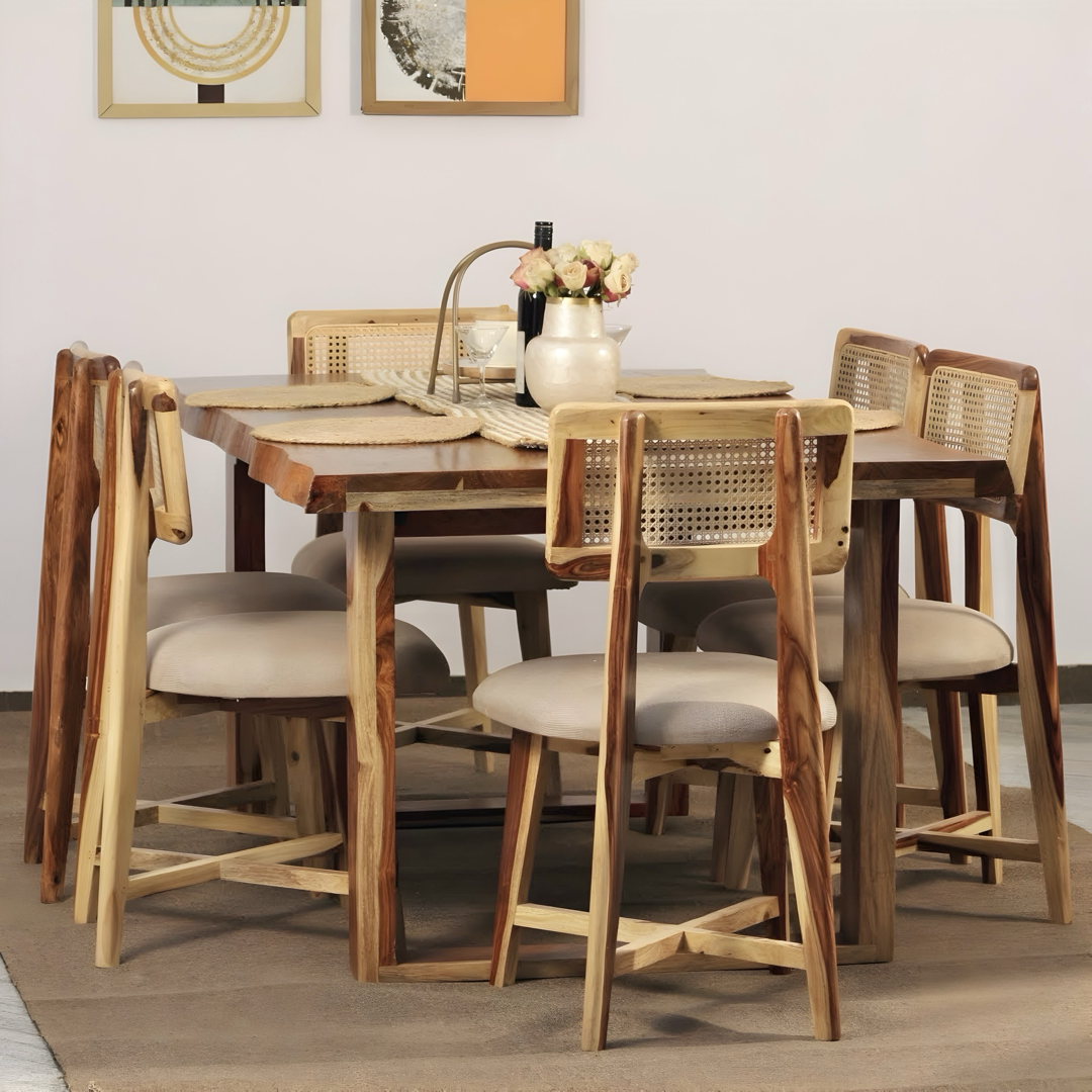 Elevate your dining experience with our sheesham wood live edge dining table paired with stylish and durable cane chairs. Buy near you in Bangalore today