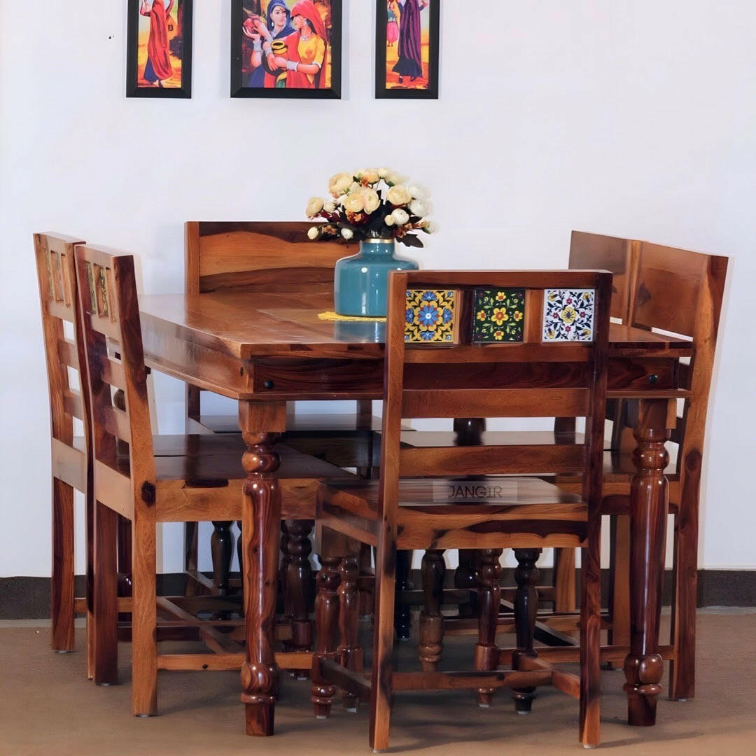 Rajasthani Style tiles dining table set Six Seater wooden dining Table