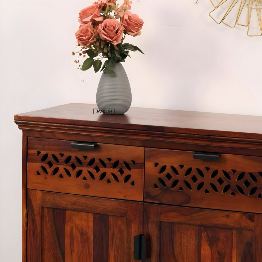 Elevate your space with our stylish and durable sheesham wood cabinet, perfect storage solution for kitchen, foyer, or living room. Shop near you in Bangalore