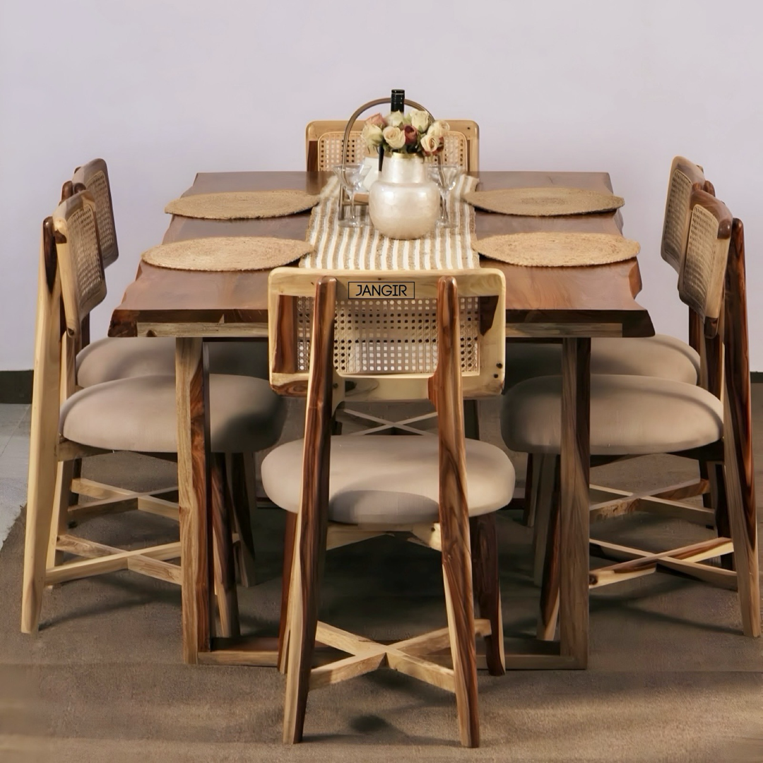 Elevate your dining experience with our sheesham wood live edge dining table paired with stylish and durable cane chairs. Buy near you in Bangalore today