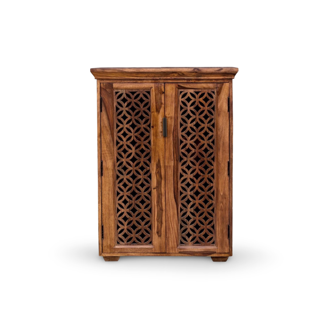 Elevate your home with our Aron Grills Solid Wood Cabinet, made with sheesham wood, perfect storage solution for foyer & living room. Shop near you in Bangalore