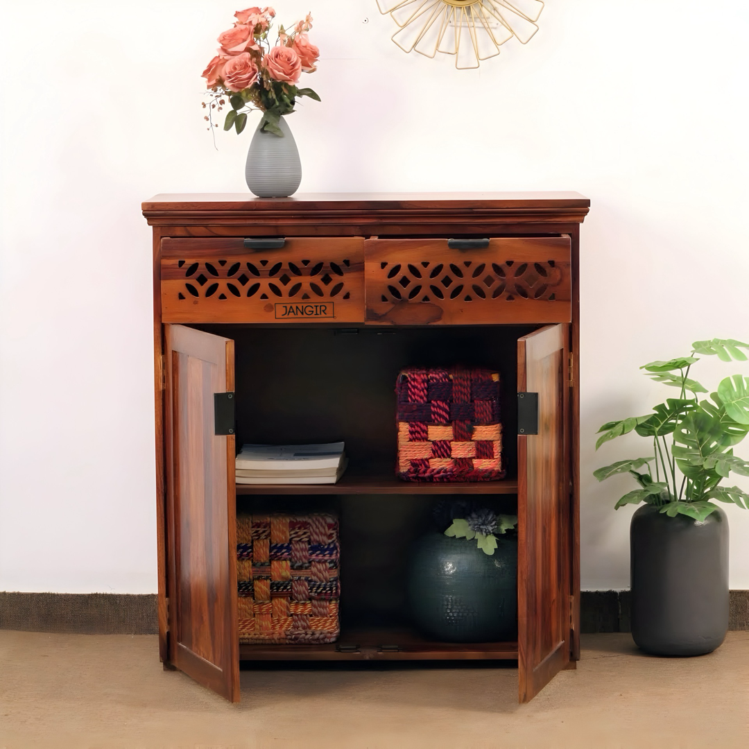 Elevate your space with our stylish and durable sheesham wood cabinet, perfect storage solution for kitchen, foyer, or living room. Shop near you in Bangalore