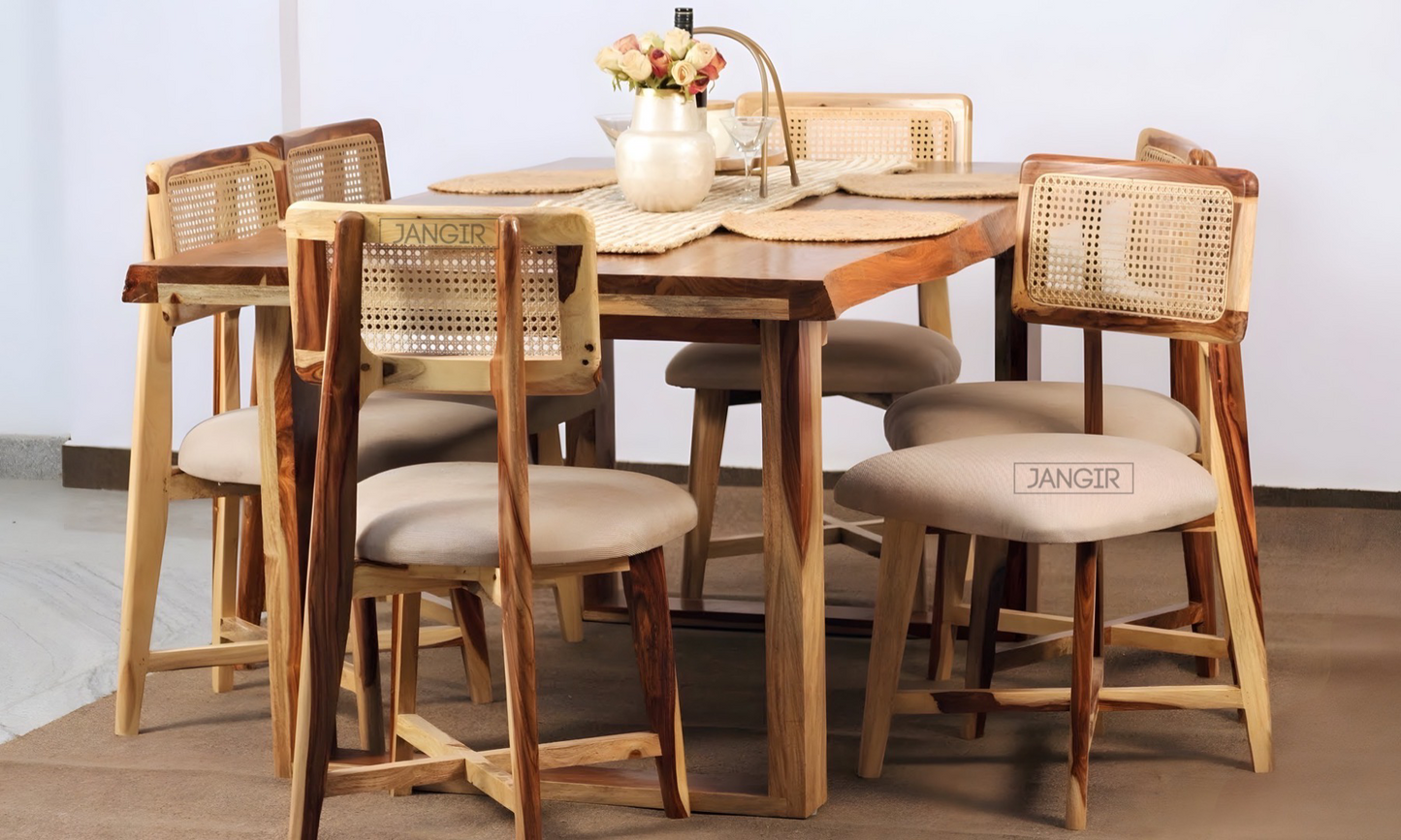 Elevate your dining experience with our sheesham wood live edge dining table paired with stylish and durable cane chairs. Buy near you in Bangalore today