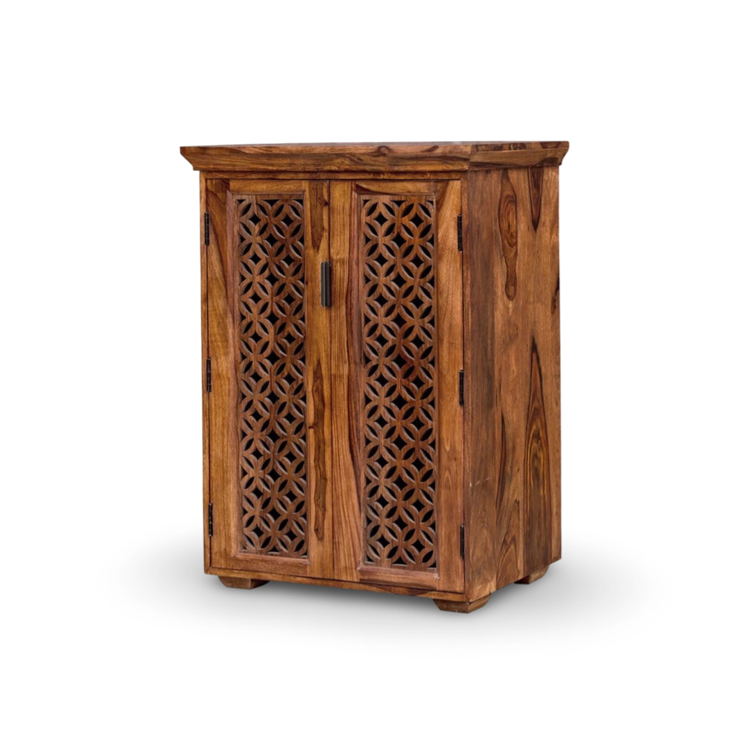 Elevate your home with our Aron Grills Solid Wood Cabinet, made with sheesham wood, perfect storage solution for foyer & living room. Shop near you in Bangalore