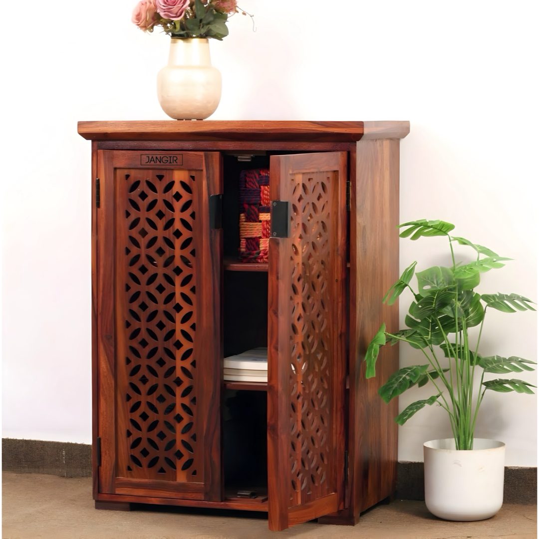 Elevate your home with our Aron Grills Solid Wood Cabinet, made with sheesham wood, perfect storage solution for foyer & living room. Shop near you in Bangalore