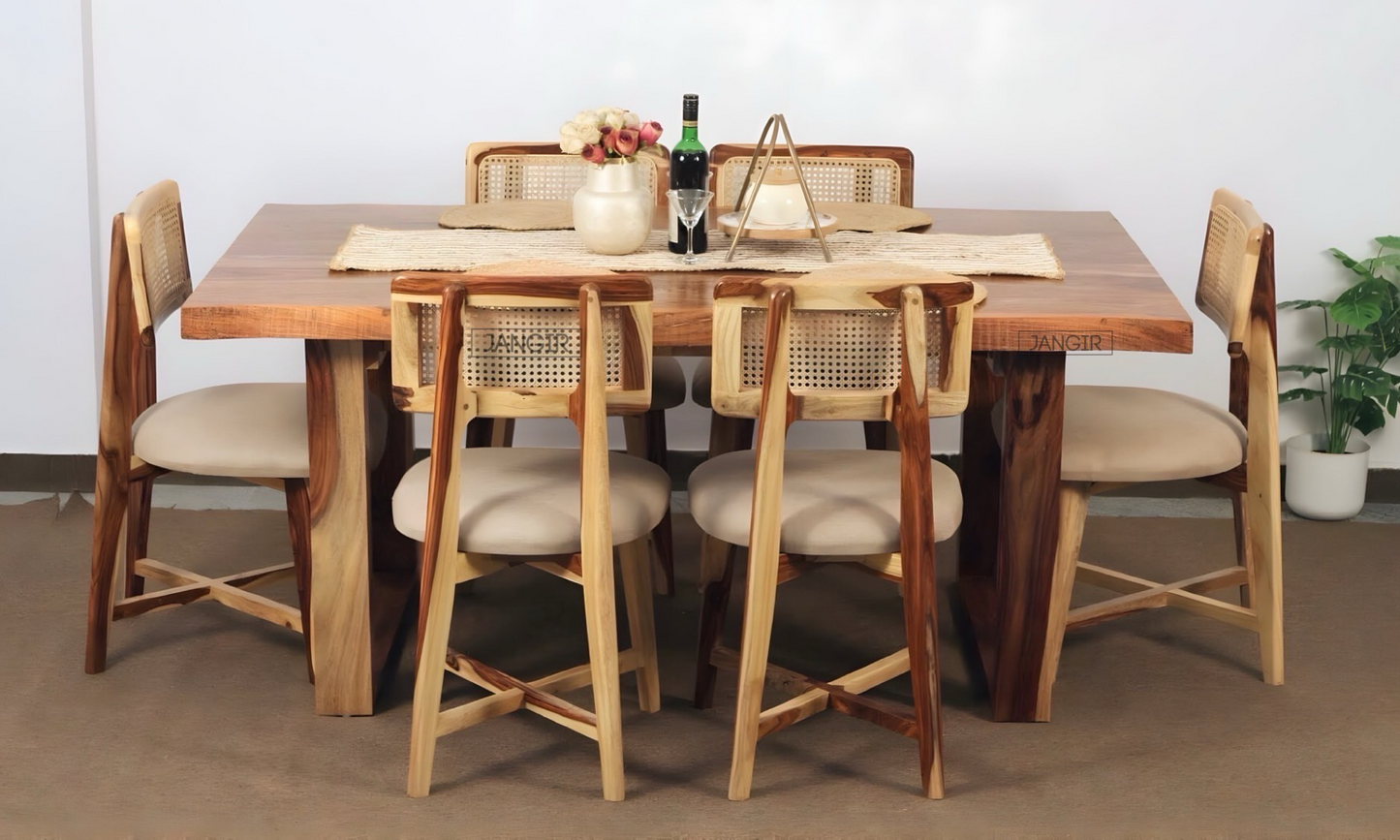 Elevate your dining experience with our sheesham wood live edge dining table paired with stylish and durable cane chairs. Buy near you in Bangalore today