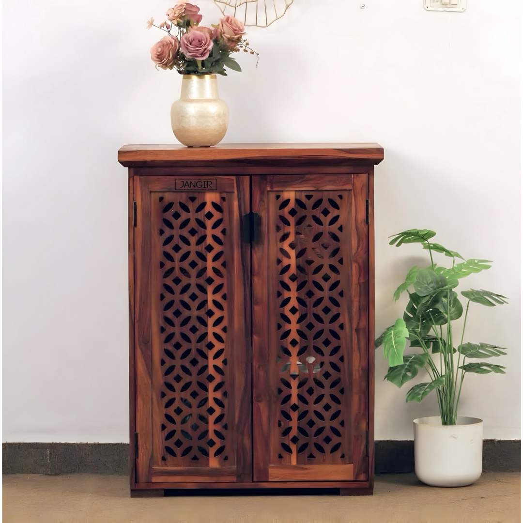 Elevate your home with our Aron Grills Solid Wood Cabinet, made with sheesham wood, perfect storage solution for foyer & living room. Shop near you in Bangalore