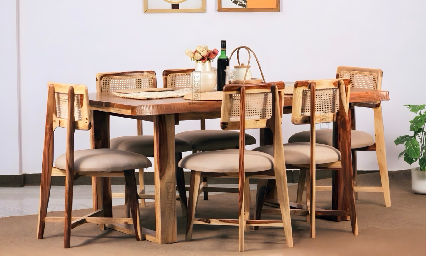 Elevate your dining experience with our sheesham wood live edge dining table paired with stylish and durable cane chairs. Buy near you in Bangalore today