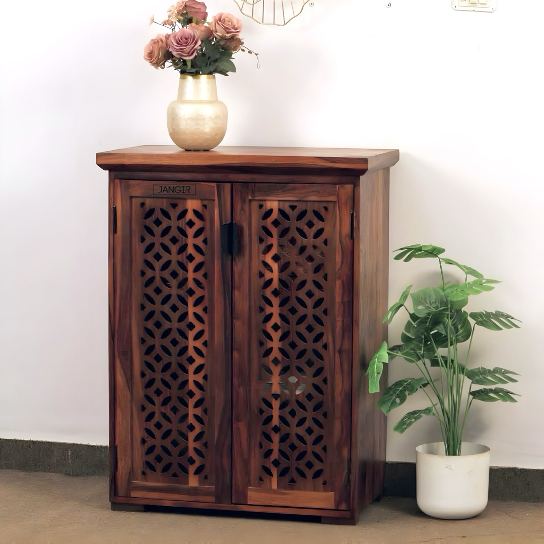 Elevate your home with our Aron Grills Solid Wood Cabinet, made with sheesham wood, perfect storage solution for foyer & living room. Shop near you in Bangalore